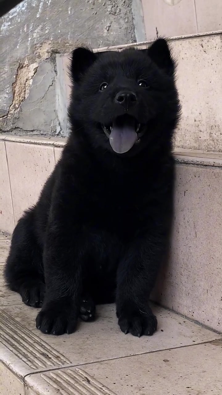 一只小小的五黑犬,黑狗黑舌头,十分可爱