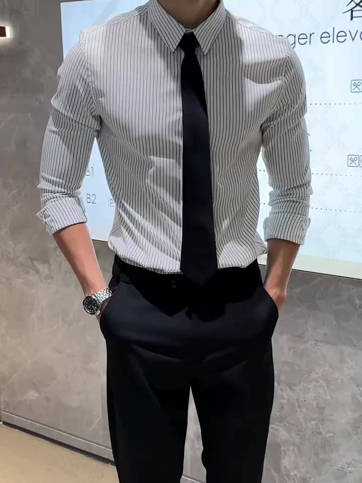 男士高弹力条纹长袖衬衫穿搭