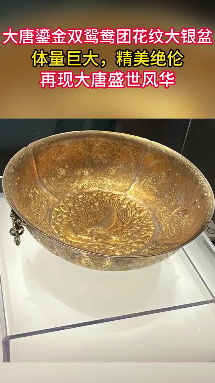 大唐鎏金双鸳鸯团花纹大银盆,体量巨大,精美绝伦,再现大唐盛世风华!