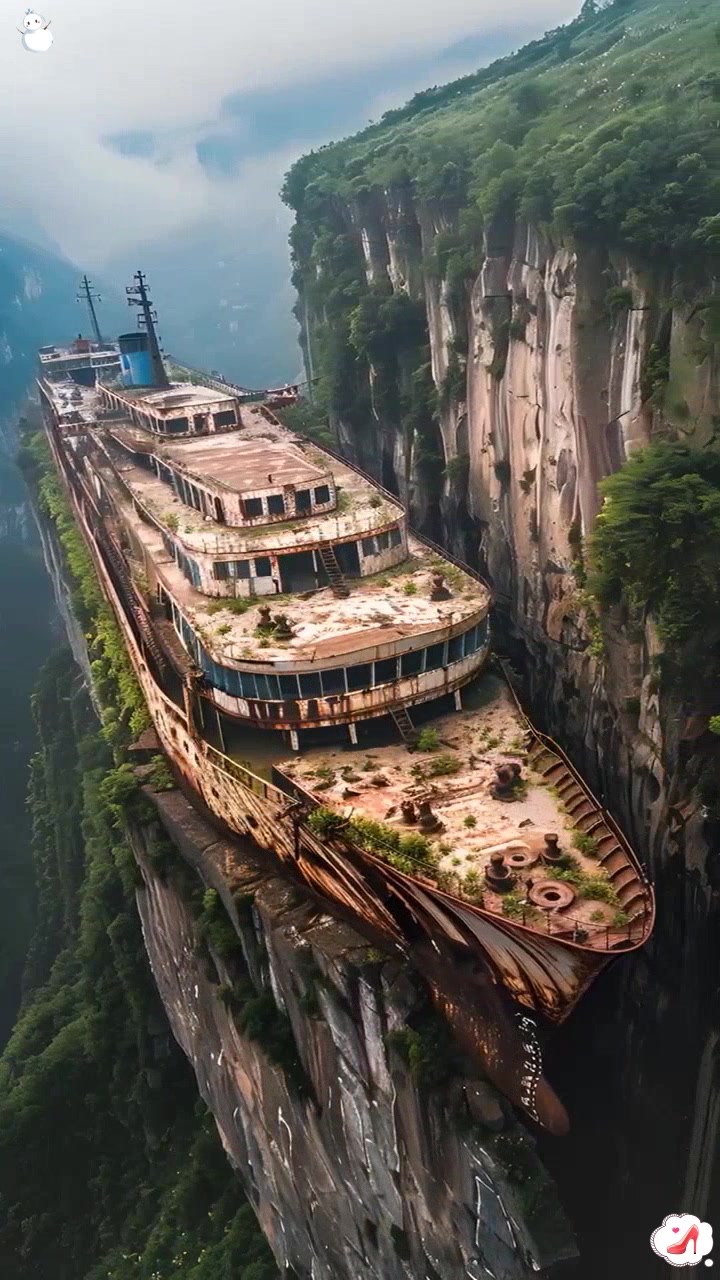 废弃轮船搁浅山间 岁月留痕引人遐思