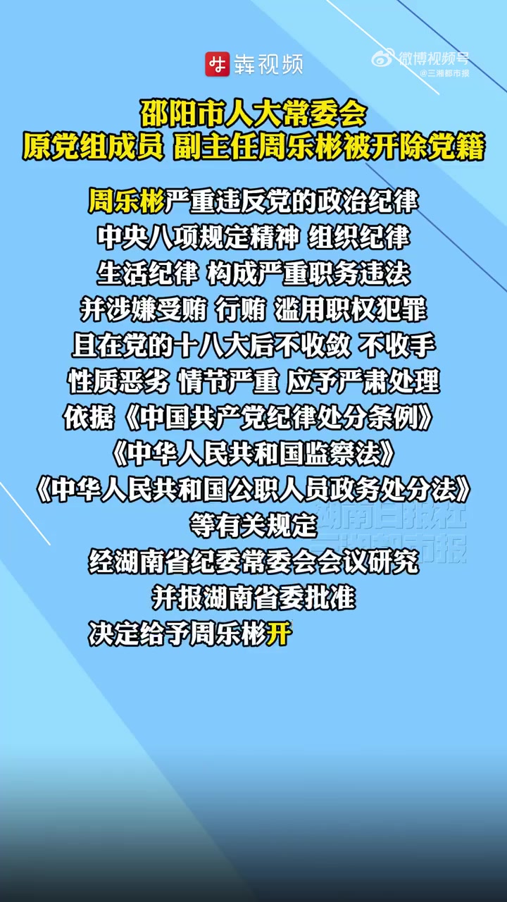 经湖南省委批准,湖南省纪委监委对邵阳市人大常委会原党组成员,副主任