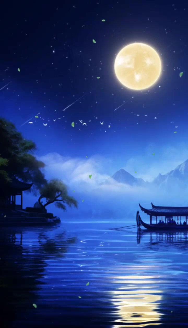 唯美古风中秋月亮,映照湖面