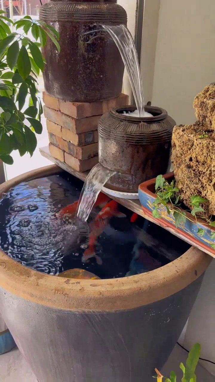 老水缸搭配腌菜罐,diy 流水瀑布鱼缸