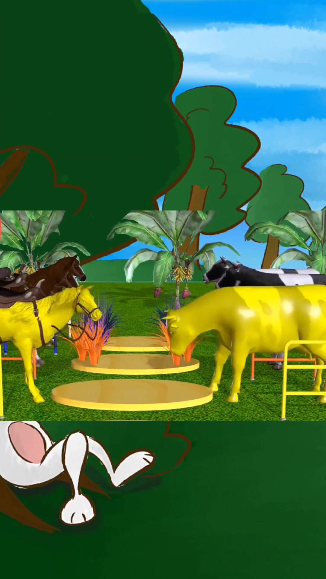 儿童益智早教动画 来看小牛和小马吃草,都变成什么颜色了?