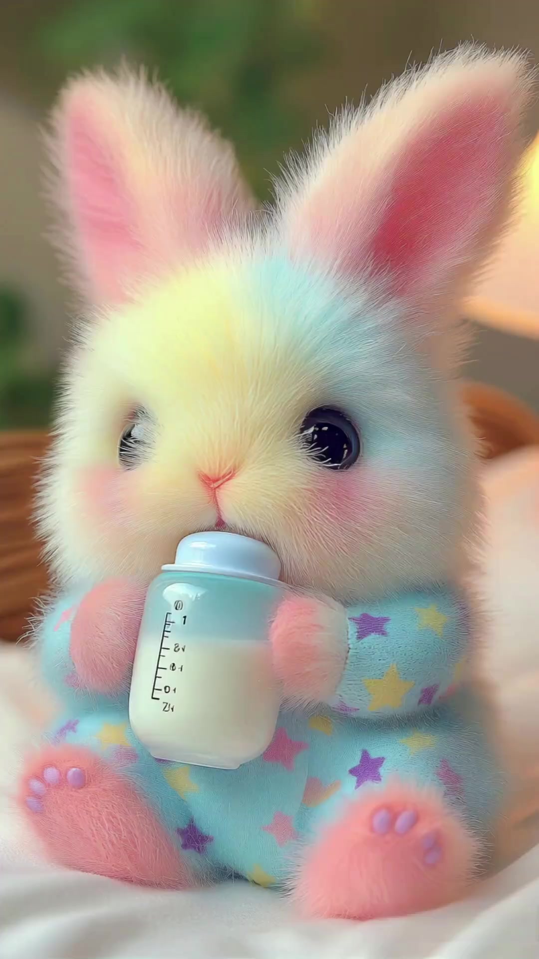 可爱漂亮的彩虹小兔兔要抱抱彩虹小兔子喝完奶好开心,还伸手要抱抱