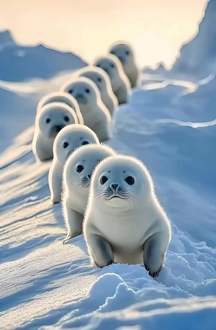 一群白色小海豹在散步