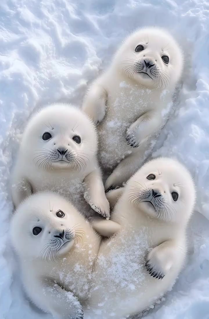 白绒绒的小海豹在雪地中玩耍