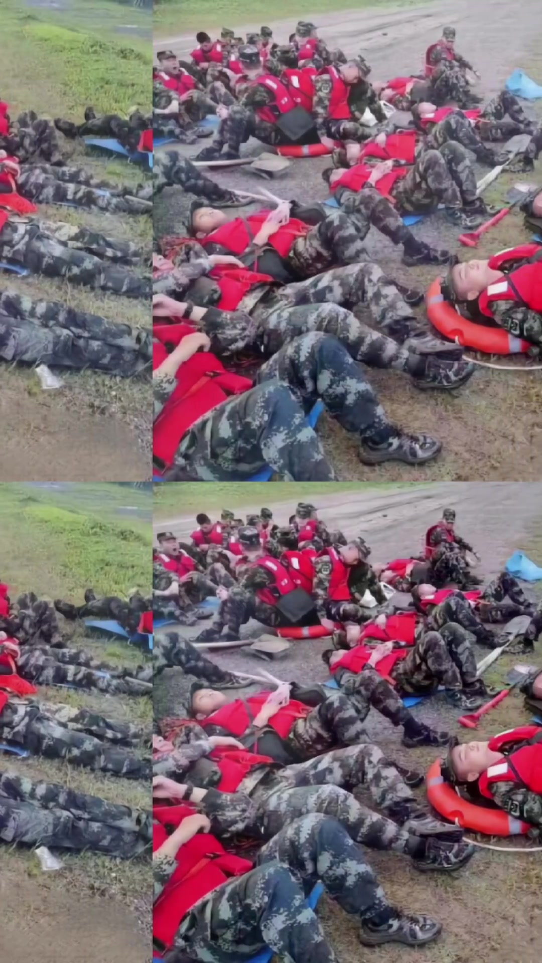 坐着躺着依偎着,连续救援后休整,疲惫不堪的战士们在潮湿的地上睡着了