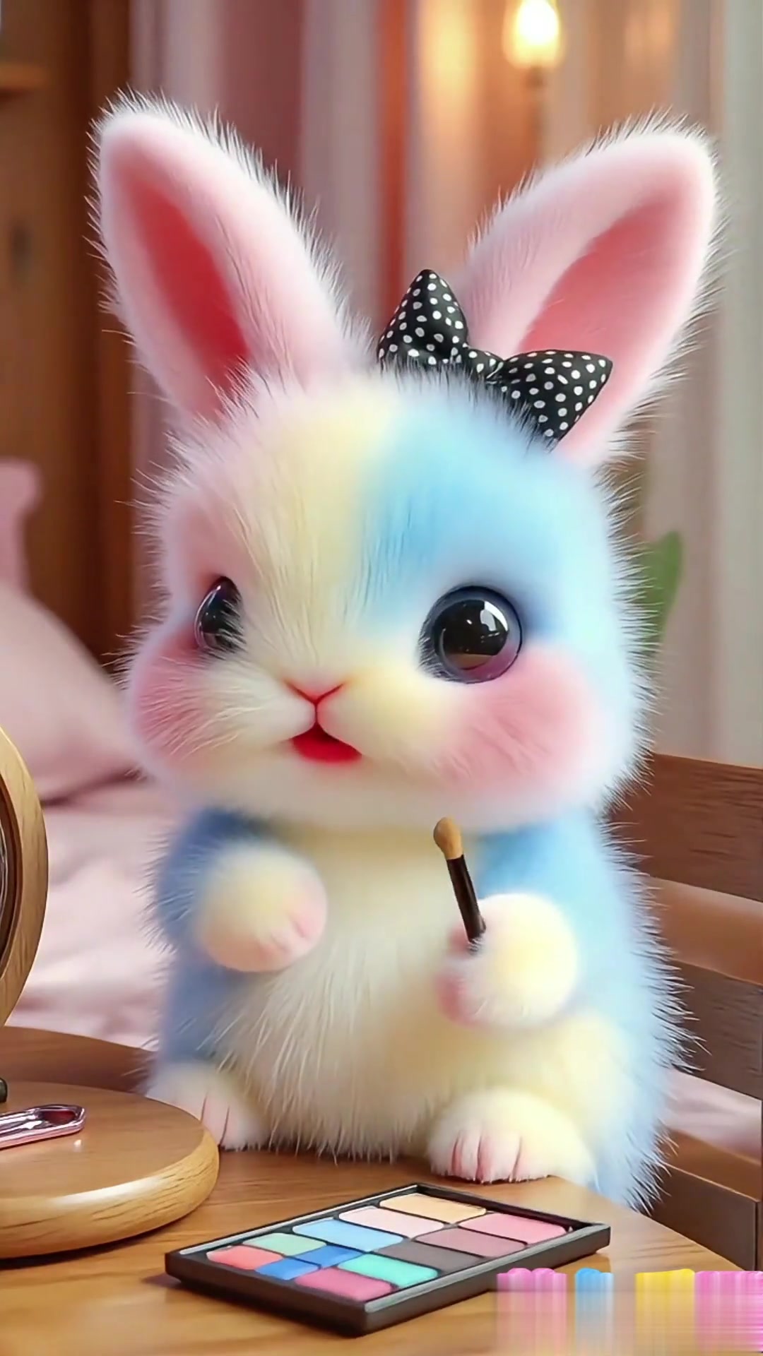 可爱的彩虹小兔兔给自己化妆,打扮的美美的,看小兔子笑得多开心,这也