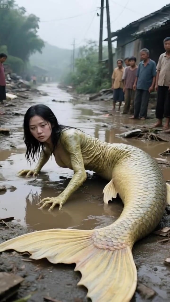 暴雨洪水过后,农村道路上出现一条美人鱼
