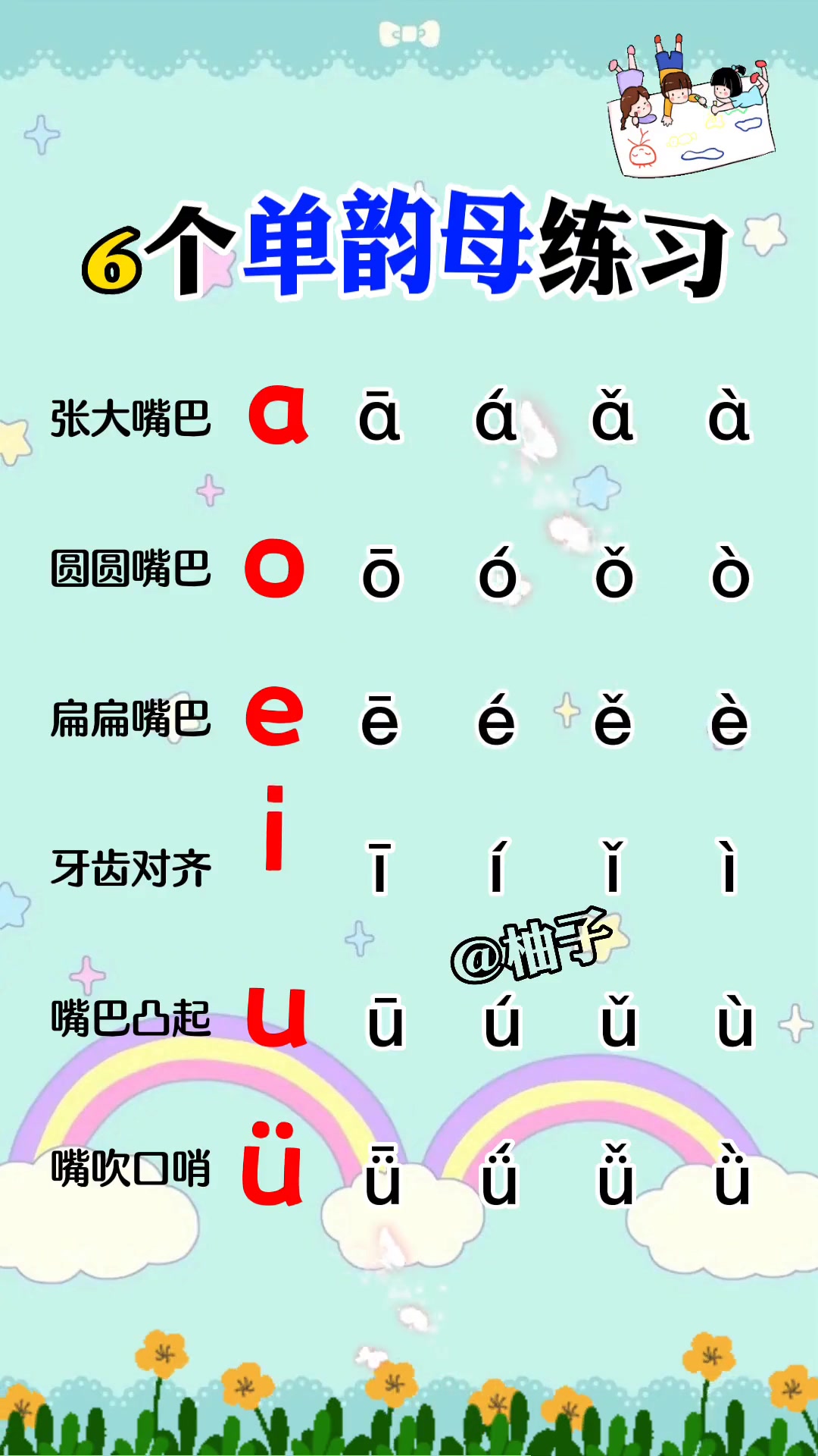 汉语拼音课堂:6个单韵母发音口型及四声调的练习