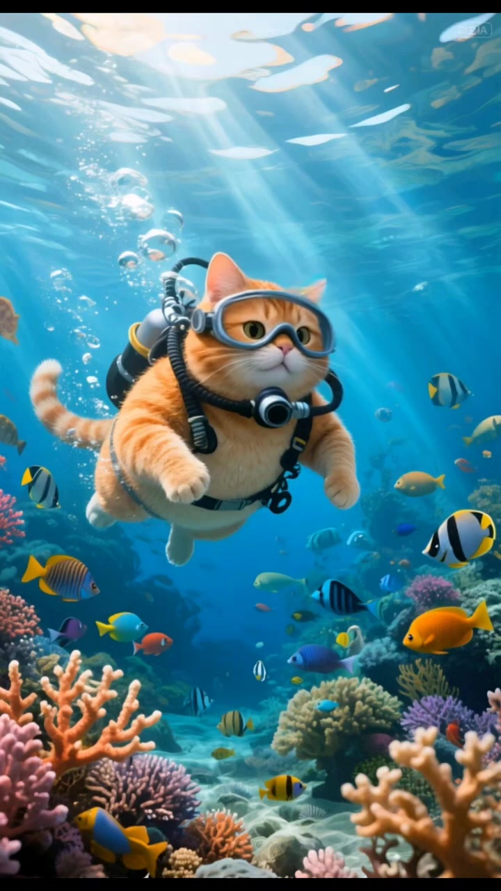 可爱猫咪在海底游泳