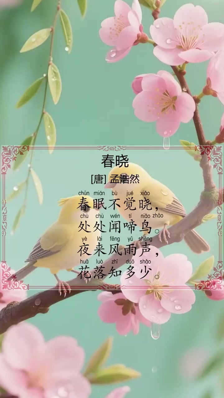 唐诗《春晓》作者:孟浩然,这首诗的大概意思是讲:在一个春天的夜晚,不